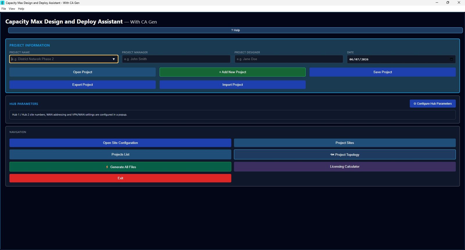 CapMax project dashboard showing project information, hub parameters and navigation