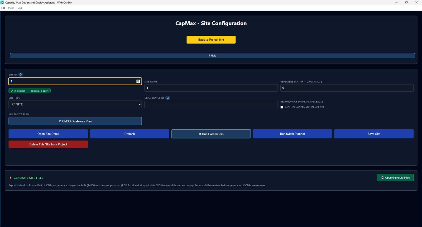 CapMax site configuration screen